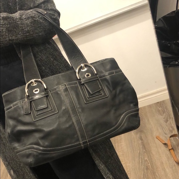 Black Leather Coach Shoulder Bag with Buckles - Picture 2 of 4